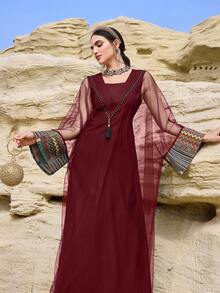 Al Najma Áo tunic dài tay thanh lịch dành cho nữ, phối ren dệt và lưới, phong cách truyền thống Thổ Nhĩ Kỳ và Ả Rập. - Màu Đỏ Sâu - Xem 3