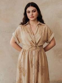 Anewsta 优雅浪漫V领刺绣扭结前襟长连衣裙，卡其色，适合夏季约会 - 卡其色 - 查看 5