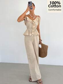 Siren Gaze Conjunto de 2 piezas de camiseta de tirantes con volantes de algodón nuevo para mujer, primavera/verano - Albaricoque - Ver 3