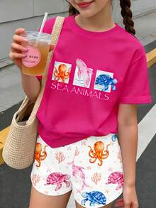 Young Girl Ocean Creature Print T-Shirt And Shorts Set, Casual Vacation Outfit - Hot Pink - View 9