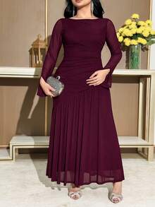 Feyla Plus Size Women Solid Color Round Neck Ruffle Mesh Long Sleeve Elegant Dress - Purple - View 3