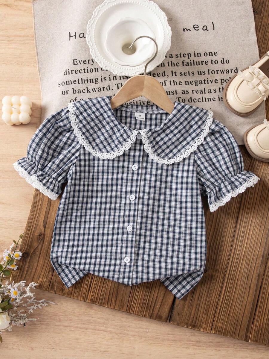 SHEIN Genkimix Kids 女童韓系簡約黑白格紋荷葉領泡泡袖短袖襯衫,休閒校園風夏季穿搭 - 白色 - 查看 1