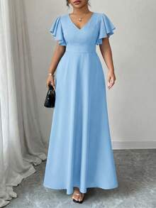 Elenzga Gaun A-Line Lengan Ruffle Leher V Musim Semi/Panas Wanita Ukuran Plus, Kain Tampilan Denim yang Elegan dan Romantis untuk Musim Gugur - Biru - View 5