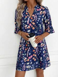 SHEIN Clasi Đầm ngắn dáng chữ A tay bồng xòe cổ chữ V màu xanh hải quân dành cho nữ, thích hợp mặc hàng ngày hoặc đi nghỉ mát, họa tiết hoa nhí, chất liệu nhẹ, thích hợp cho mùa hè. - Nhiều màu - Xem 4