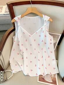 GlowEve CURVE Plus Size Cherry Print Twist Front Sleeveless Summer Shirt - Pink - View 1