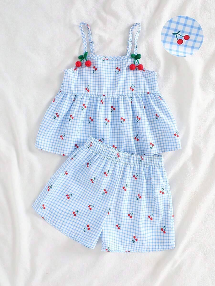 SHEIN Vintaside Kids Adorable Young Girls Fitted Blue Checkered Cherry Embroidered Camisole Top And Shorts Outfit - Blue - View 1