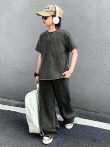 SHEIN 男童夏季休闲短袖上衣和牛仔裤套装 - 黑色 - 查看 3
