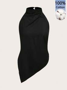 Tseoso Top femme 100% coton noir unicolore à ourlet asymétrique et encolure ras-du-cou - Top pour rave, vacances, invité de mariage, décontracté d'été, rendez-vous romantique, soirée, sortie, streetwear, concert, festival rave, tenue de vacances à Ibiza, bohème de plage, soirée de vacances, soirée en amoureux - Multicolore - Voir 7