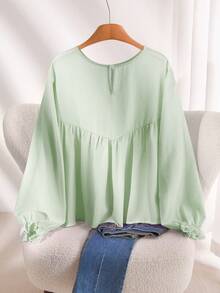 CosyJoli Plus Size Women Striped Round Neck Ruched Casual Versatile Daily Wear T-Shirt - Green - View 2