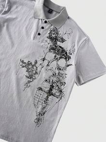 ROMWE MEN 男士印花休闲日常短袖Polo衫 - 灰色 - 查看 4