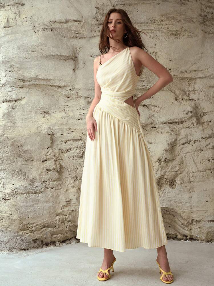 WOMEN'S LINEN STRIPE PRINT ASYMMETRIC NECK HOLLOW OUT WAIST FLARED DRESS, SPRING/SUMMER
