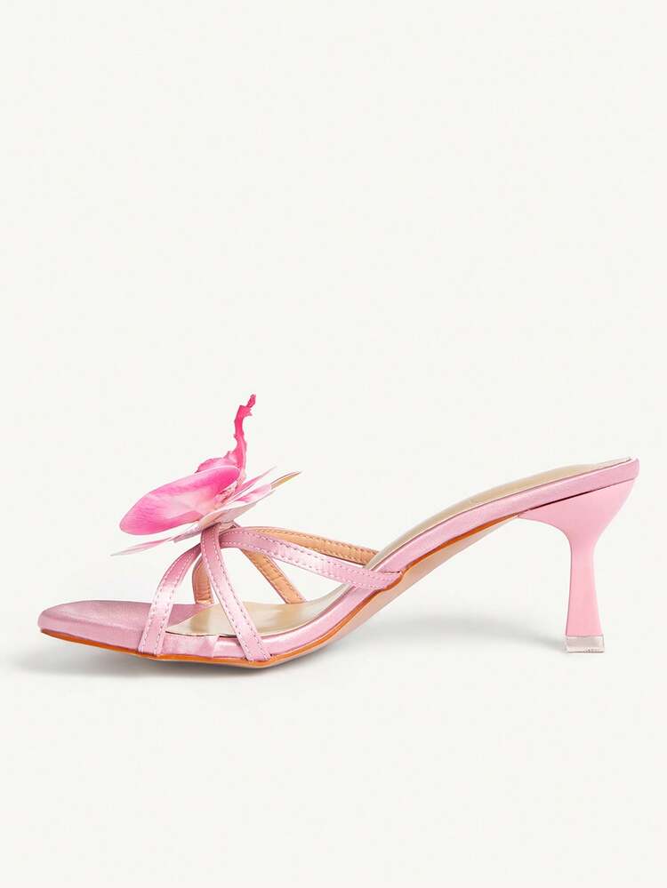 CUCCOO CHICEST Pink Satin Flower Decoration High-Heeled Sandals Women's Head Thin Belt Temperament Outer Sandals Summer Shoes