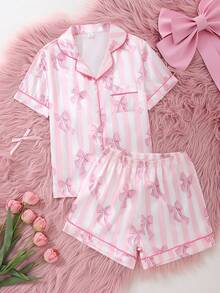 女童蝴蝶结经典条纹仿丝开衫和条纹撞色滚边短裤套装，家居服 - 彩色 - 查看 3