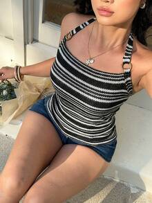 Sunnyshic 优雅简约钩针编织彩色彩虹Y2K大码女式夏季休闲度假吊带衫 - 黑與白 - 查看 3