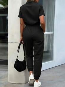 EMERY ROSE Women's Elegant Button Decor Pocket Loose Top & High Waisted Slim Fit Jumpsuit, Spring/Summer - Black - View 2