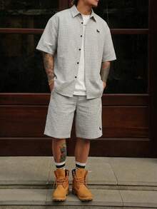 DAZY 2pcs/Set Men's Plaid Pattern Embroidered Short Sleeve Shirt Set - Multicolor - View 4