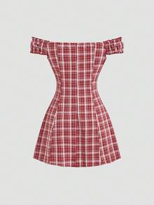 Sweetra Casual Plaid Ruffle Off-Shoulder Short Dress, Spring/Summer - Red - View 2