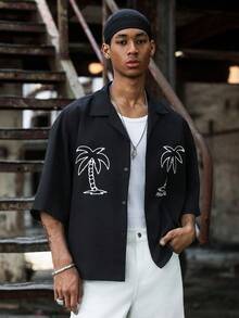 PAVTROS Men's Short Sleeve Shirt With Coconut Tree Embroidered Pattern,Black And White,Summer,Casual,Beach,Holiday Streetwear Streetstyle Gift For Boyfriend - Black - View 6