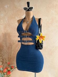 Soleia 女士性感度假风搭扣镂空露背修身牛仔连衣裙 - 藍色 - 查看 5