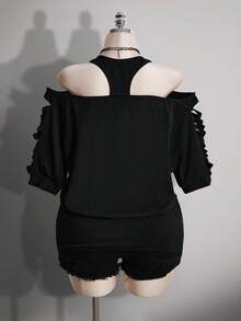 SHEIN ICON Áo thun nữ cỡ lớn in hình đầu lâu và chữ cái, kiểu dáng thường ngày, phong cách giản dị. - màu đen - Xem 2