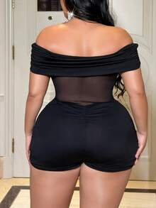 SHEIN CURVE+ Bộ jumpsuit nữ gợi cảm, thanh lịch, hở vai bằng vải lưới, phù hợp cho mặc hàng ngày và hẹn hò, có size lớn. - màu đen - Xem 5