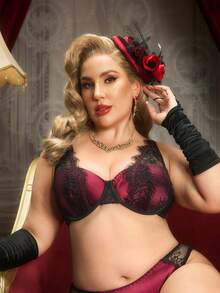 PinupPomp 1pc Plus Size Women Lace Satin Shiny Underwire Bra - Burgundy - View 3