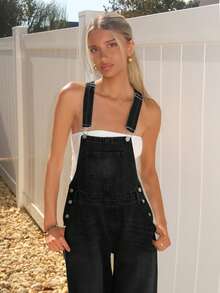 Sydney Algeri Celana Bib Denim Longgar Wanita - Hitam - View 5