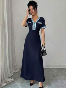 Rafferiza Women's Elegant V-Neck Black Knit Fabric Lace Patchwork Long Sleeve Dress - Navy Blue - View 3