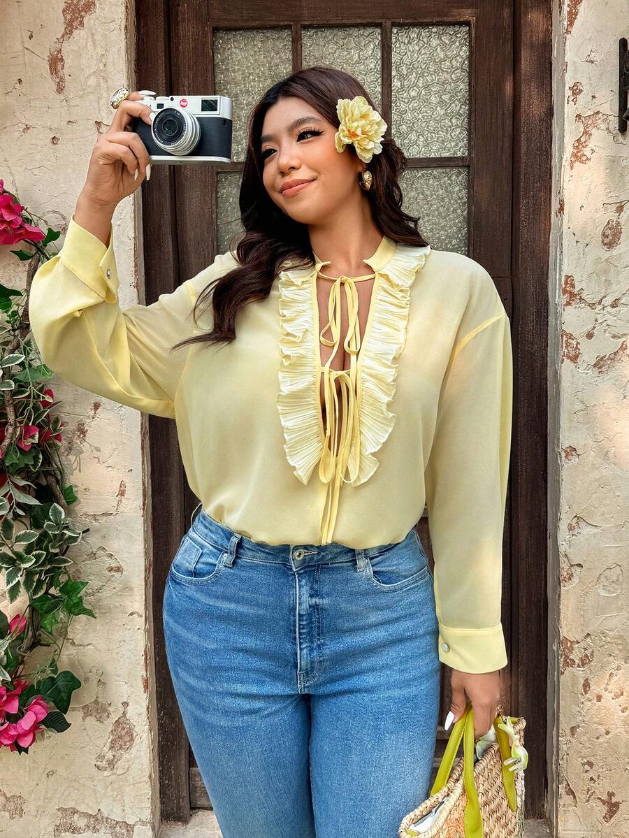 Flirla Plus Size Plunging V-Neck Ruffle Trim Blouse, Suitable For ...