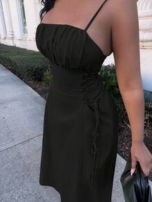 Alexandranx Solid Ruched Bust Knot Side Cami Dress - Black - View 3