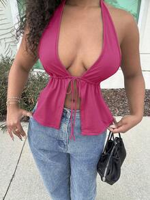 Alexandranx Summer Front Slit, Backless, Knotted Halterneck Black Top Magic Mike - Hot Pink - View 4