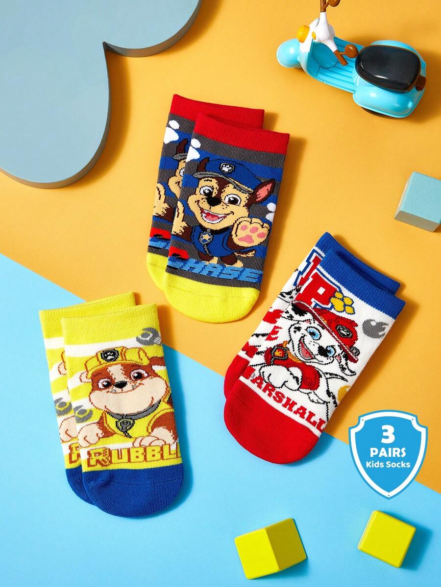 SHEIN | PAW Patrol 3双装男童纯棉柔软透气吸湿短袜,色彩鲜艳可爱卡通图案,加固趾部和脚跟,经久耐穿,四季皆宜,适合学校和户外活动,夏季冬季均可穿着,也适合狗狗玩耍、追逐和玩耍。 - 彩色 - 查看 1
