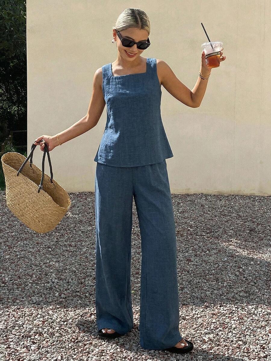 DAZY 女士纯色上衣和阔腿裤休闲两件套 - 藍色 - 查看 1