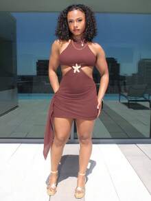Steph T New Vacation Halter Waist Hollow Out Fitted Flowy Mini Dress, Bohemian, Boho, Vacation, Fall Women Clothes, Vintage, Holiday Brown Party - Brown - View 5
