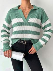 EURMUSE Striped Pattern Drop Shoulder Sweater - Mint Green - View 4