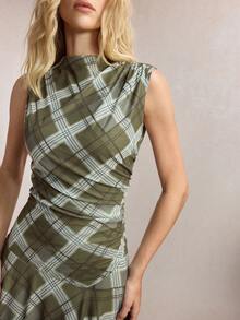 BizChic Summer New Green Grid Rhombus Pattern Print Asymmetrical Asymmetric Shoulder Ruched Cinched Waist Asymmetric Hem Design Women Dress, Versatile Summer Outfit - Multicolor - View 2