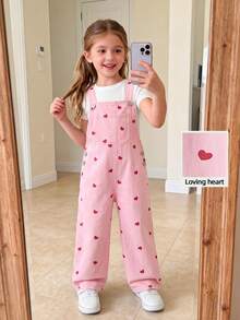 SHEIN 女童夏季蓝色牛仔连体裤，新款时尚爱心印花设计，休闲舒适柔软牛仔连体裤 - 杏色 - 查看 8