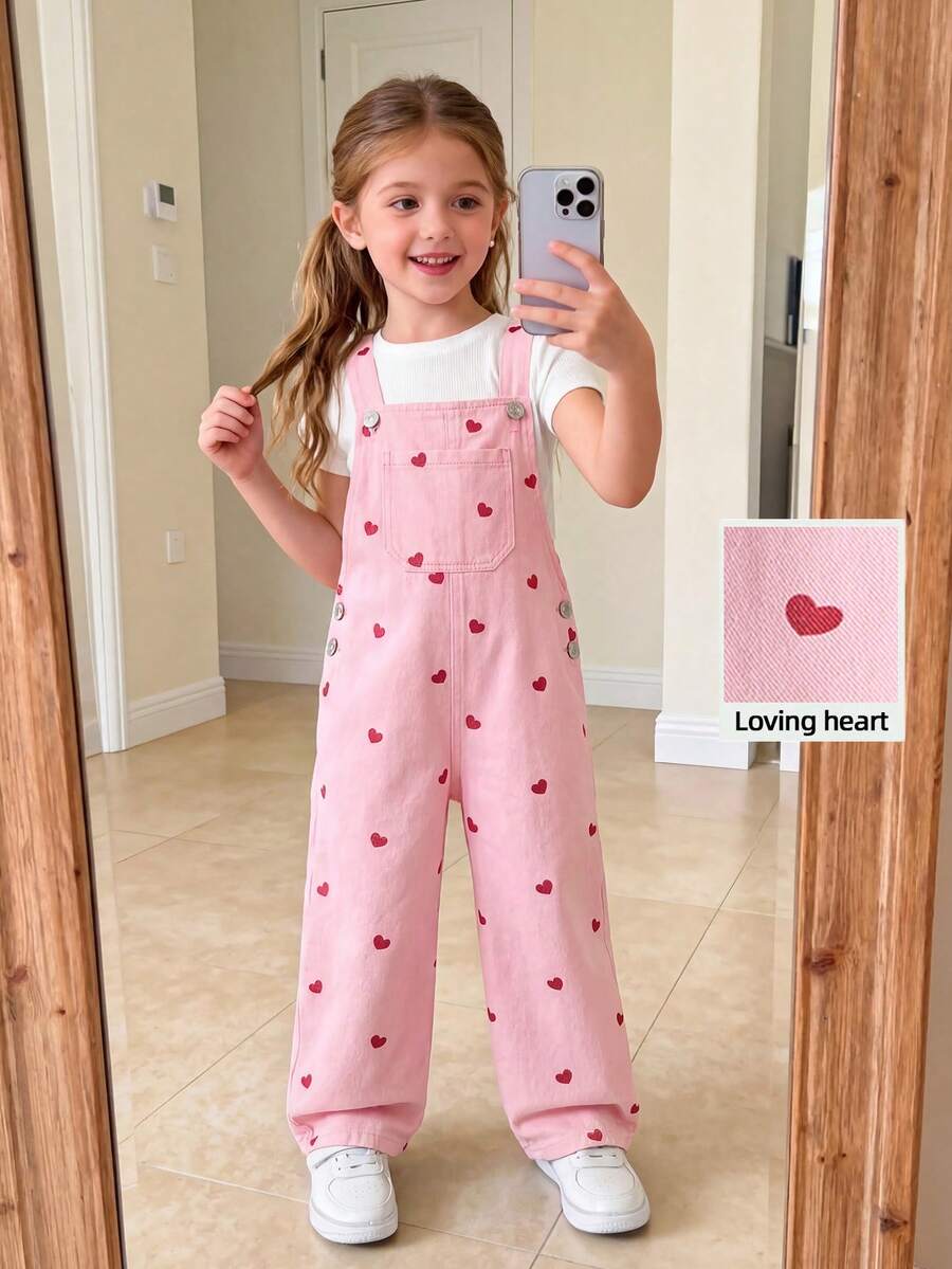 SHEIN Quần jean denim xanh mùa hè cho bé gái, bộ jumpsuit denim mềm mại, thoải mái, thiết kế họa tiết trái tim và hoa văn thời trang mới. - Màu be - Xem 1