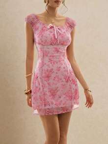 Poéselle 女士印花系带法式粉色连衣裙 - 粉色 - 查看 6