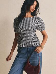 Poéselle 女士格子圆领短款花瓣袖侧系带衬衫 - 黑與白 - 查看 8