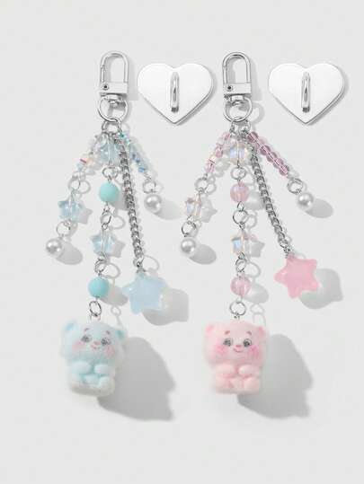 ROMWE Kawaii 1件可爱甜美时尚休闲卡哇伊高品质情侣银链蓝/粉色仿水晶树脂哑光珠子仿珍珠亚克力星星毛绒泰迪熊吊坠钥匙扣包包挂饰杯挂，带心形粘扣配件，适合情侣、姐妹、闺蜜、女性日常佩戴、节日礼物