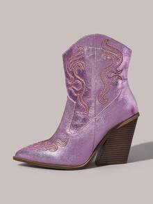 Styleloop Giày bốt cao đến giữa bắp chân dành cho nữ, phong cách Bohemian, cổ điển Mỹ, Boho, bốt miền Tây, lễ hội âm nhạc Coachella, trang phục dự tiệc, trang phục ngày lễ, vật dụng cần thiết khi đi du lịch. - Màu tím nhạt - Xem 3