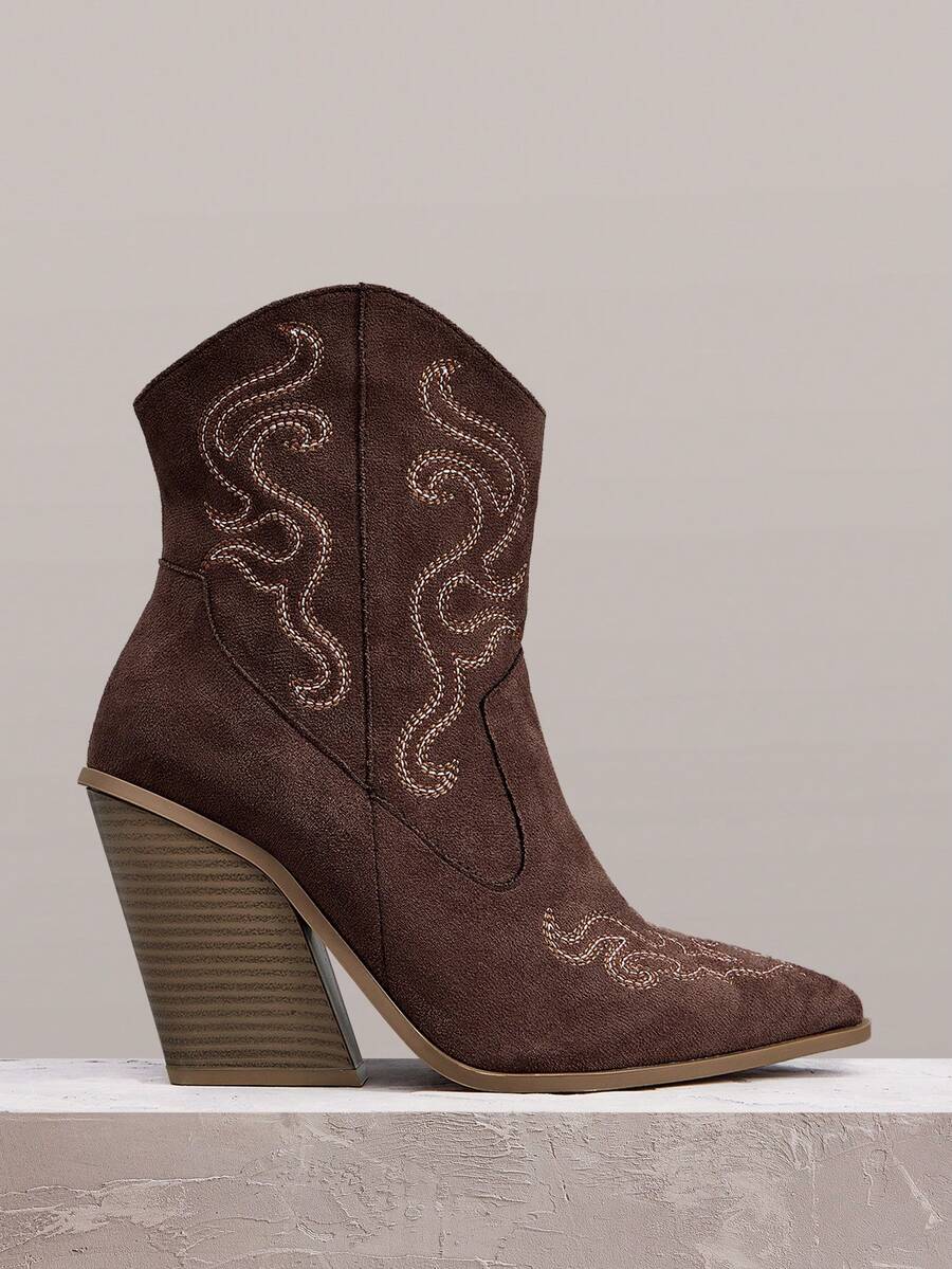 Styleloop Giày bốt cao đến giữa bắp chân dành cho nữ, phong cách Bohemian, retro Mỹ, Boho, bốt miền Tây, lễ hội âm nhạc Coachella, trang phục dự tiệc. - Màu nâu  Mocha - Xem 1