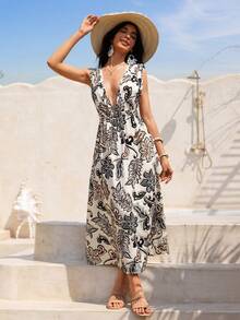 Swim Vcay Deep V-Neck Printed Sleeveless Waist Cinched Dress, Suitable For Beach Vacation In Spring/Summer - Black and White - View 3