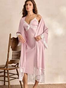 Charlaine 女士撞色蕾丝睡衣套装，简约时尚家居服，适合日常穿着，秋冬服装 - 淺粉色 - 查看 2