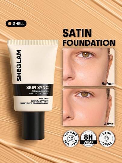 SHEGLAM Skin Sync Satin Base de Maquillaje-Shell Marca Belleza Maquillaje Maquullaje Cosmética para Mujeres Niñas Perfecto para Invierno Primavera Verano Ideal para Y2K Elegante Moda Adecuado para Cumpleaños Día de la Madre Regalo Fiesta Listo Mejor Color