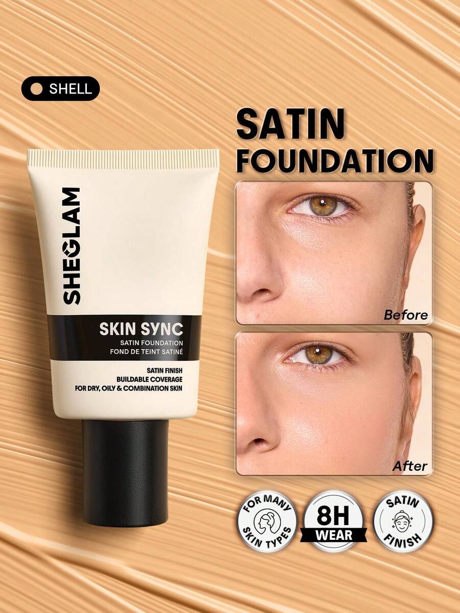 Skin Sync Satin Foundation-Shell Brand Beauty Makeup Face Paint Cosmetic For Women Girls Perfect For Spring Summer Ideal For Y2K Fancy Fashion Suitable For Birthday Mother'S Day Gift Rave Party Ready Best Color - Shell - View 1