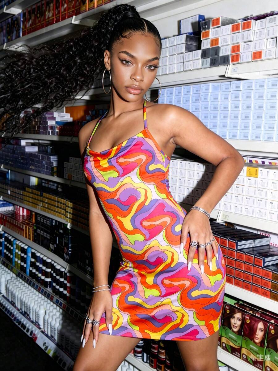 Slouenne Slouenne 女士性感露背系带抽象图案连衣裙 - 玫紅色 - 查看 1