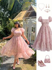 Lyrianda Vestido modesto de talla grande con cuello redondo, mangas farol y volantes en capas en azul claro, vestido de cumpleaños de curvas para primavera/verano, vestido de fiesta de jardín, vestido de fiesta de té de curvas, vestido floral de curvas, vestido floral rosa, vestidos rosas para mujer, vestido de cumpleaños ligero y colorido con estampado floral para mujer, vestido vintage de mujer, vestido con mangas abullonadas, vestidos vintage para mujer, vestido de organza para mujer, atuendo de cumpleaños para damas, atuendo de ducha nupcial para la novia, vestido de fiesta de té para mujeres - Rosa - Ver 1