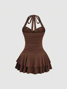 Sweetra Đầm ngắn ôm dáng màu nâu dành cho nữ, không tay, dây mảnh, kiểu dáng hình sao biển, khóa kim loại ở eo, xếp lớp, thích hợp cho mùa xuân/hè. - màu nâu - Xem 2